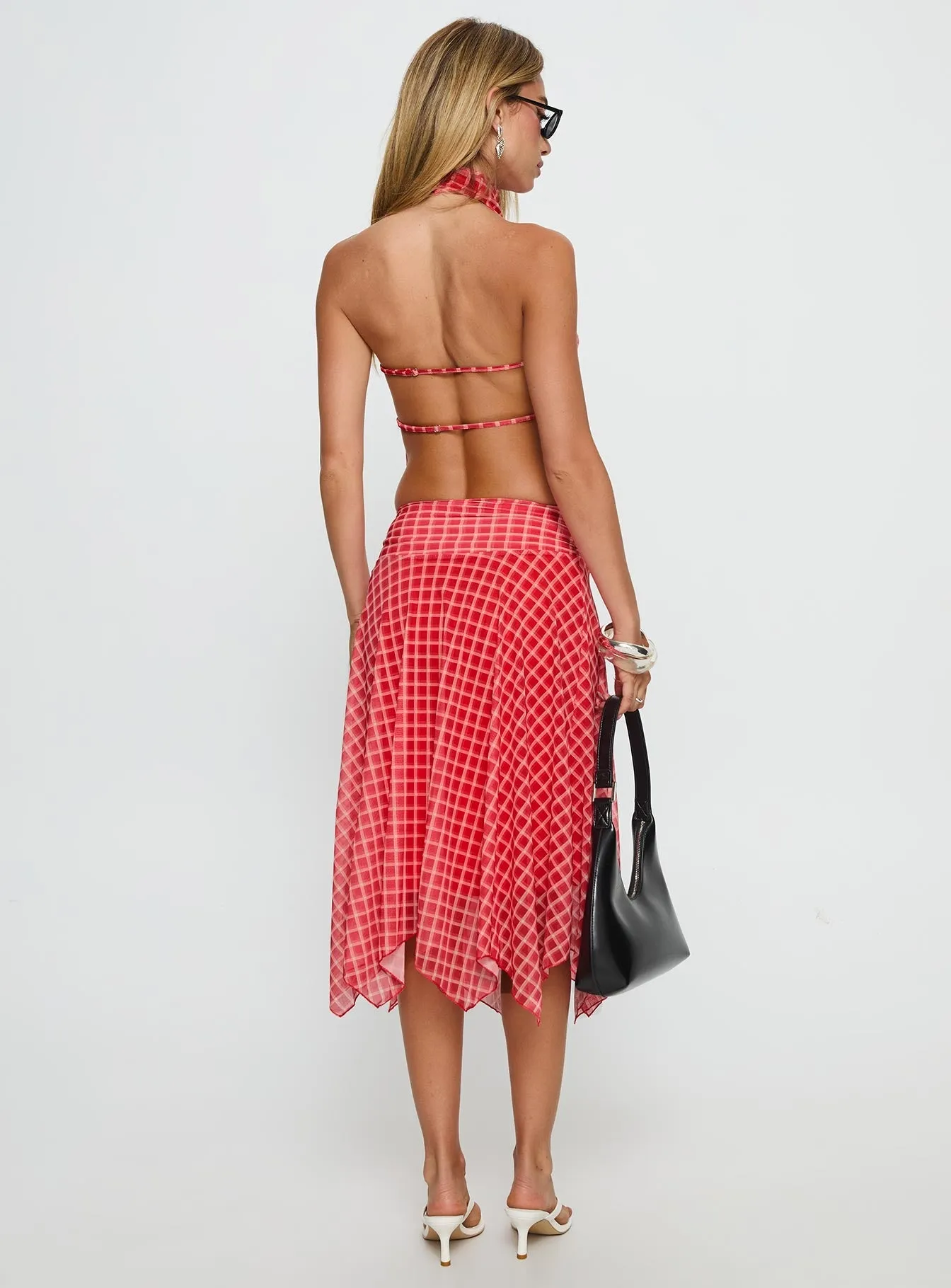 Scenic Route Asymmetrical Midi Skirt Red Check Boutique Exclusive Plant Based Material