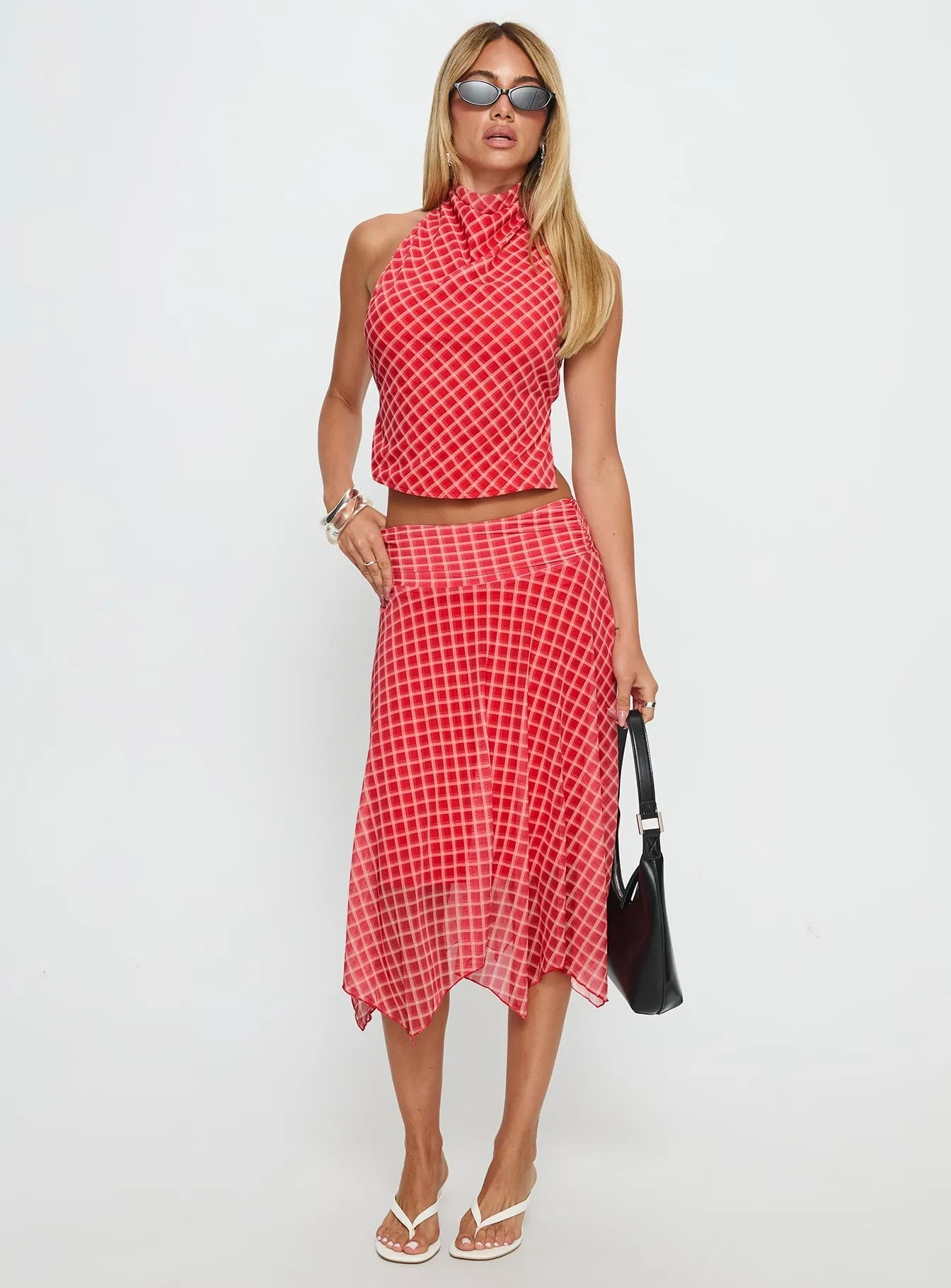 Autumn Stroll Scenic Route Asymmetrical Midi Skirt Red Check