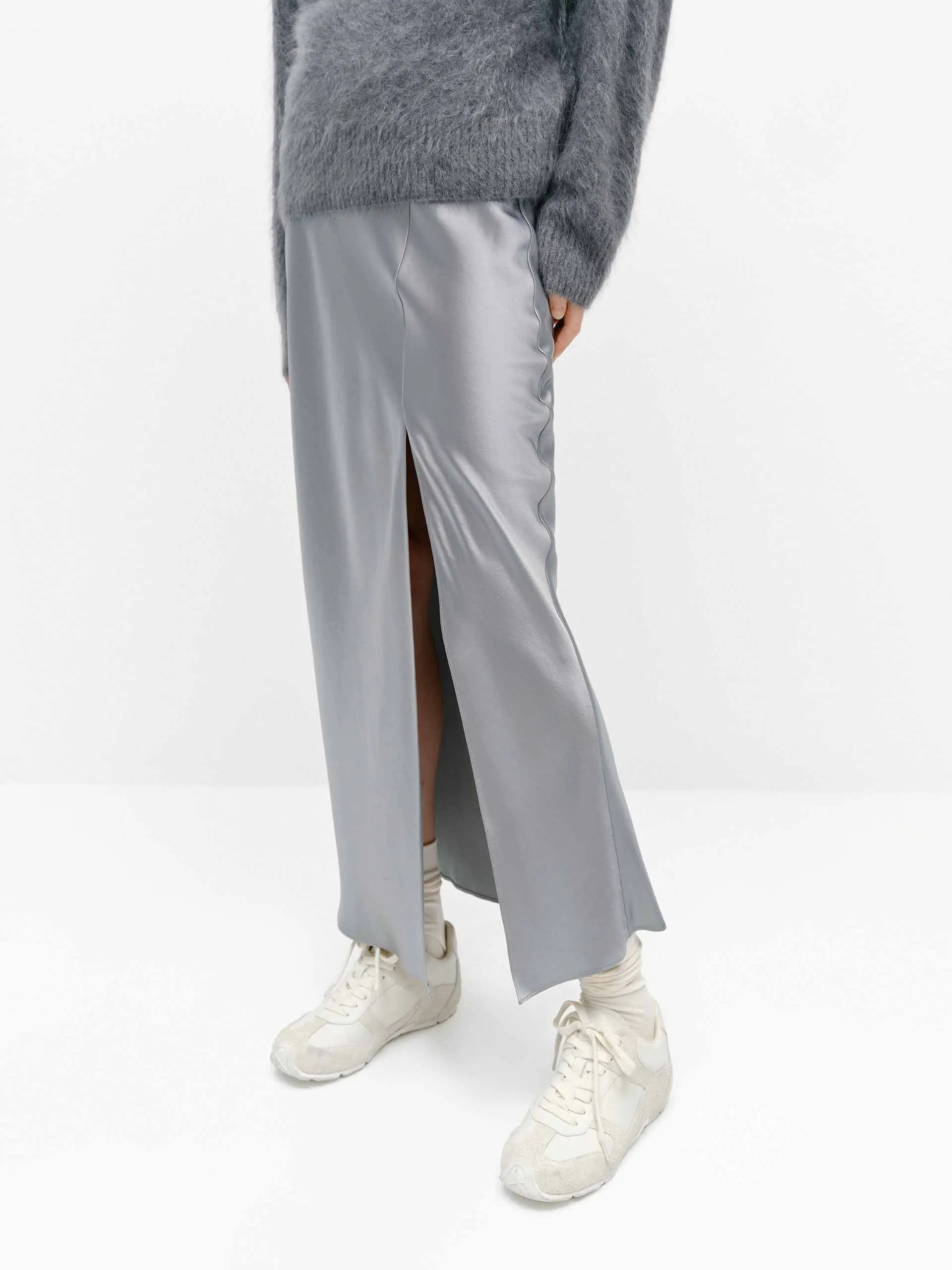 Side Slit Satin Skirt Sleek Detail Simple Styling