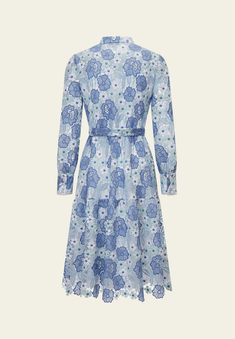 LayeredPanels NonRestrictive Fit Summer Blue Stand Collar Lace Dress