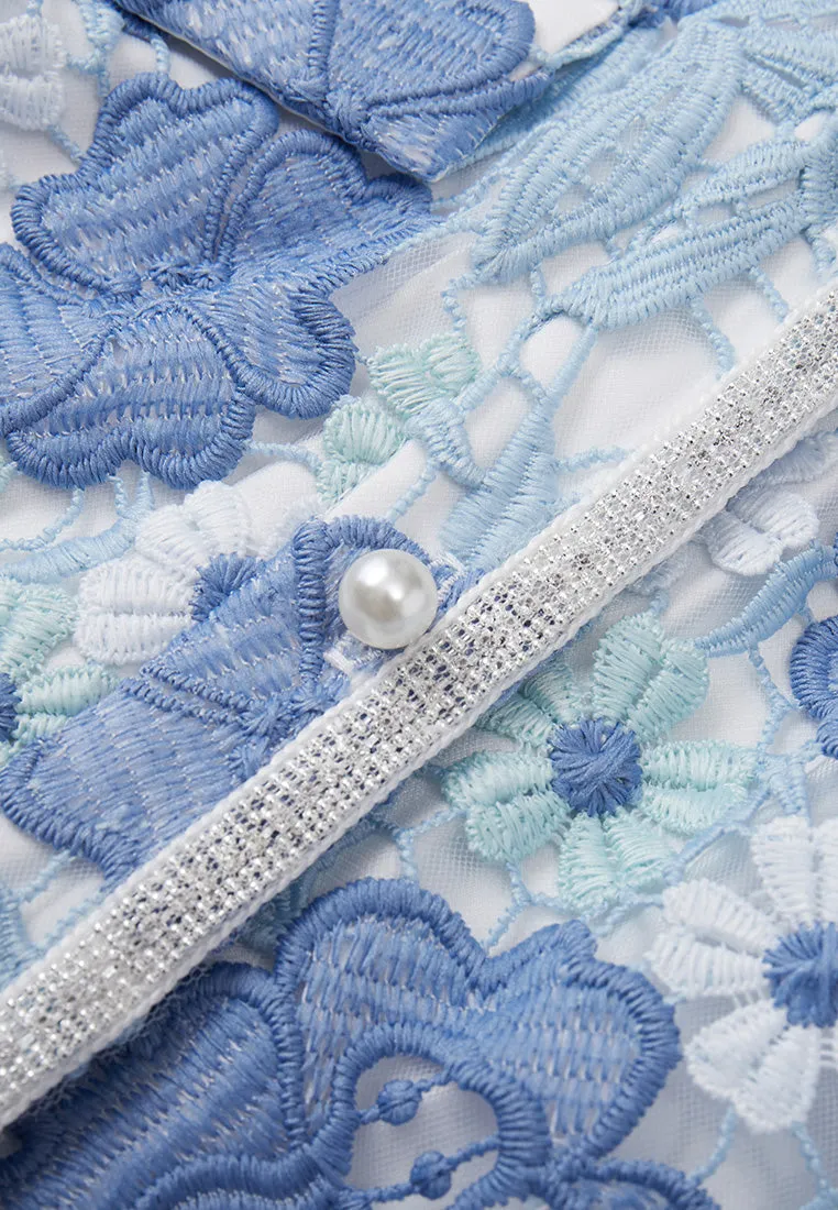 Summer Blue Stand Collar Lace Dress Cool Frame African Bold