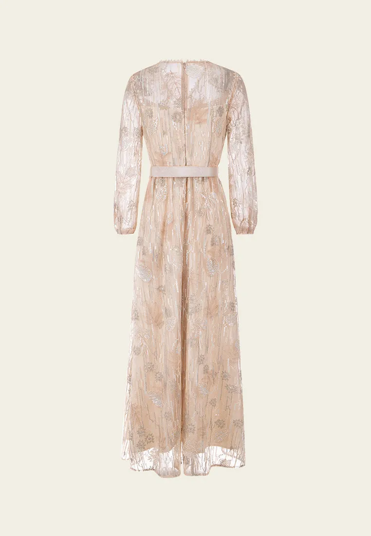 Trust Glow Belted Embroidered sequin-detail Mesh Dress