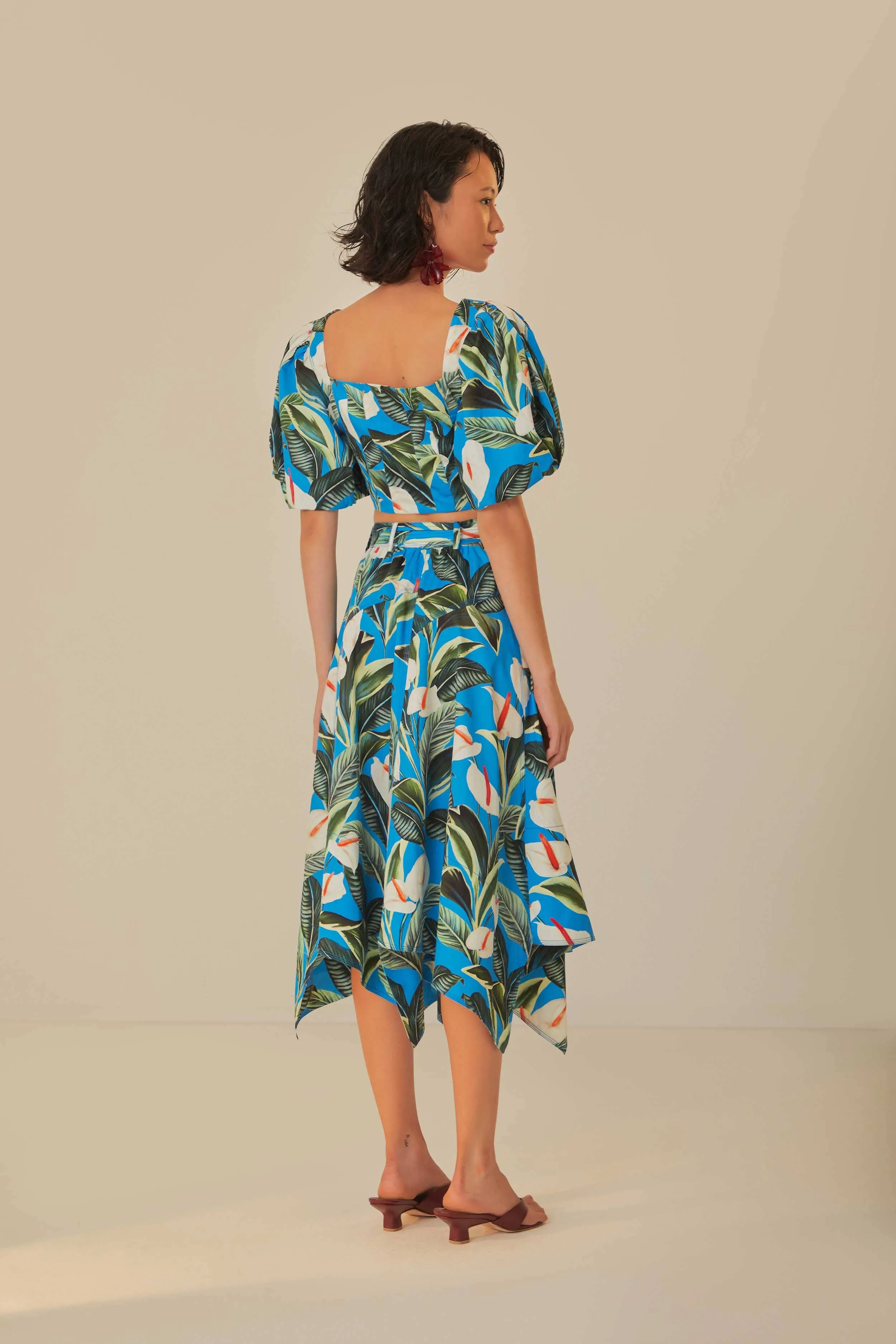 Blue Anthurium Garden Asymmetric Midi Skirt Outfit Essence
