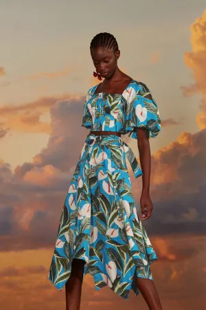 Quick Dry Technology Blue Anthurium Garden Asymmetric Midi Skirt