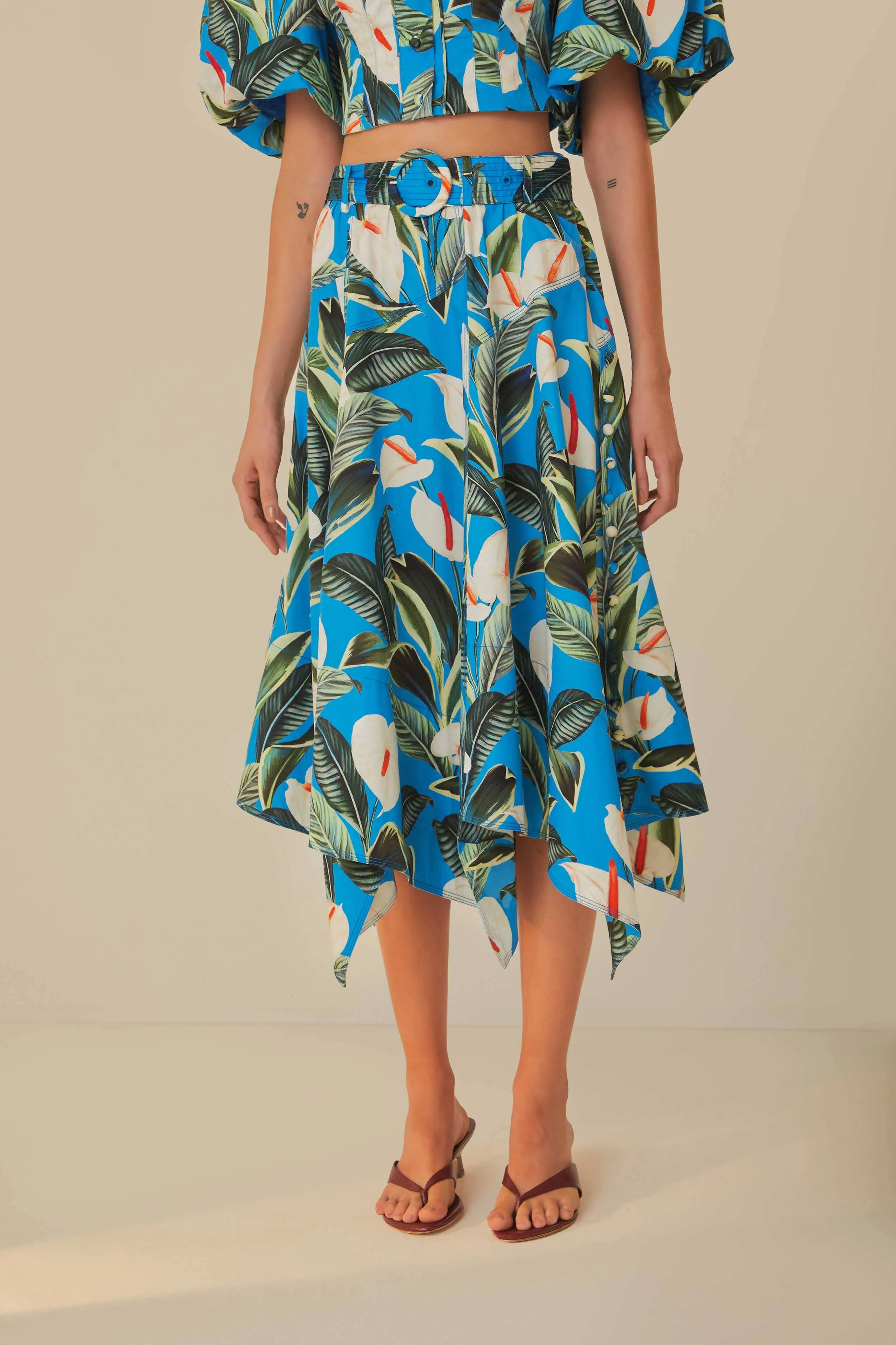 Style Staple Blue Anthurium Garden Asymmetric Midi Skirt