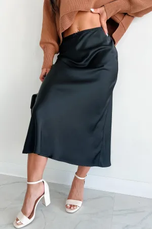 Stretch Waist beaded embellishment Chic Endeavors Satin Midi Skirt (Black)