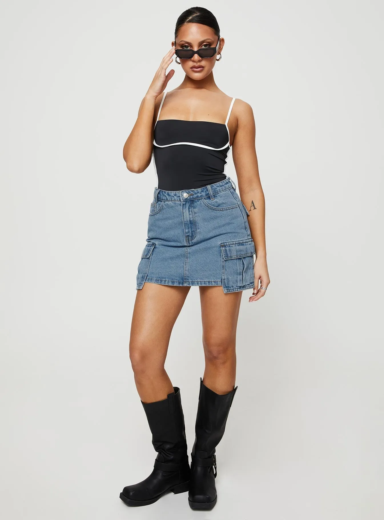 Maberley Denim Mini Skirt Mid Wash Ventilated Panels