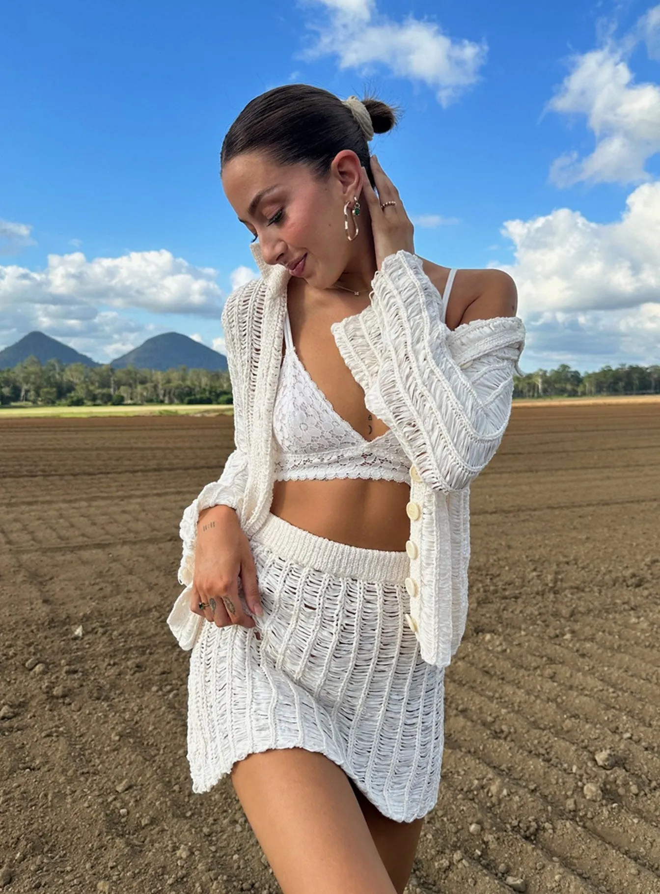 ruffle trim Perfect Places Knit Set Beige