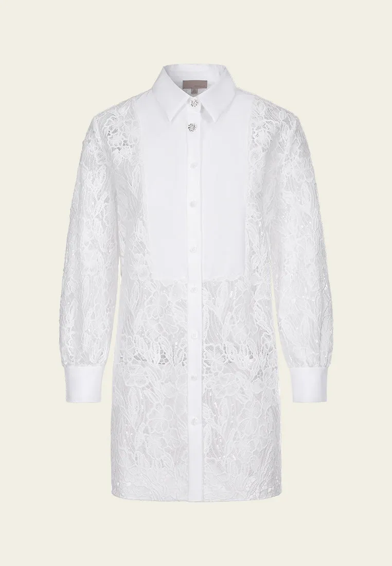 Flatlock stitching Embroidered Sequin-detail Mesh Lace Shirt Dress