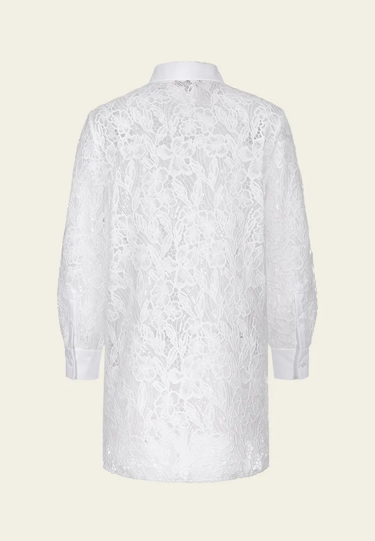 Embroidered Sequin-detail Mesh Lace Shirt Dress Rain Proof Group Mood