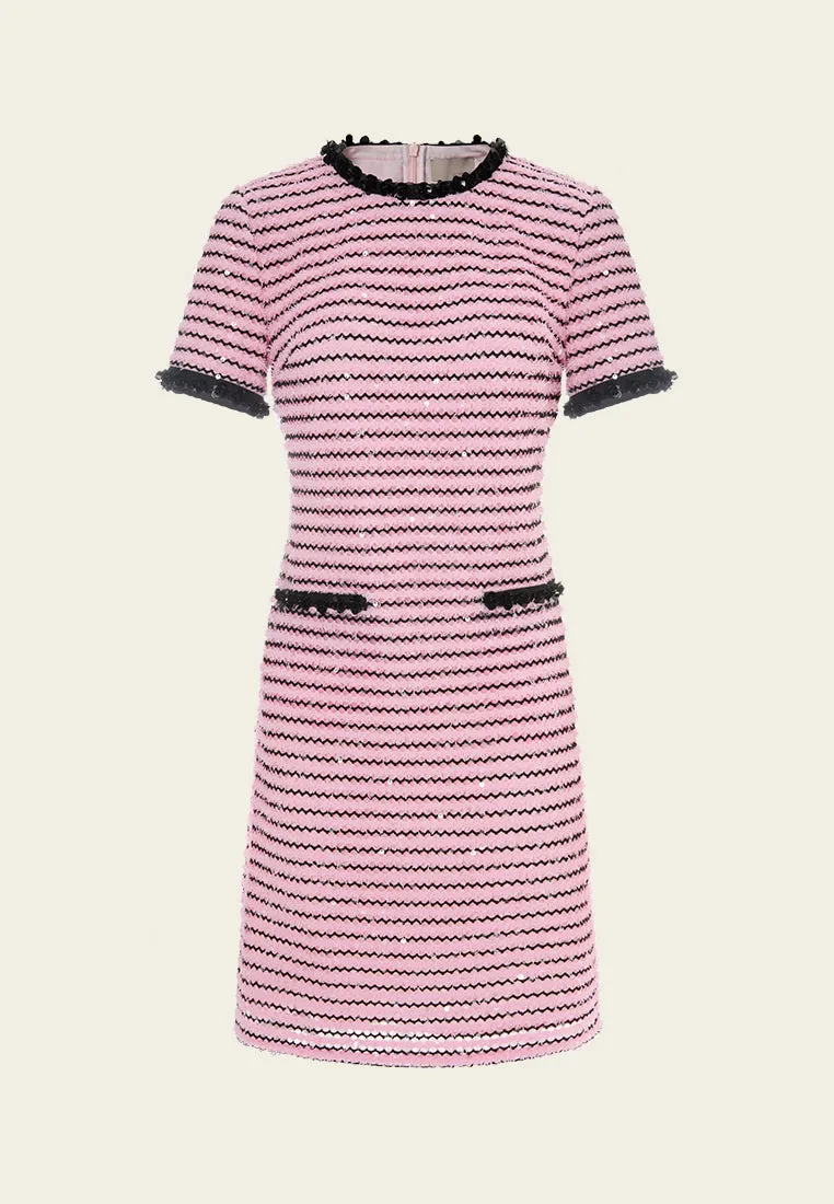 Frayed-detail Sequin-detail Stripped Dress AdjustableHemline Hero Tale