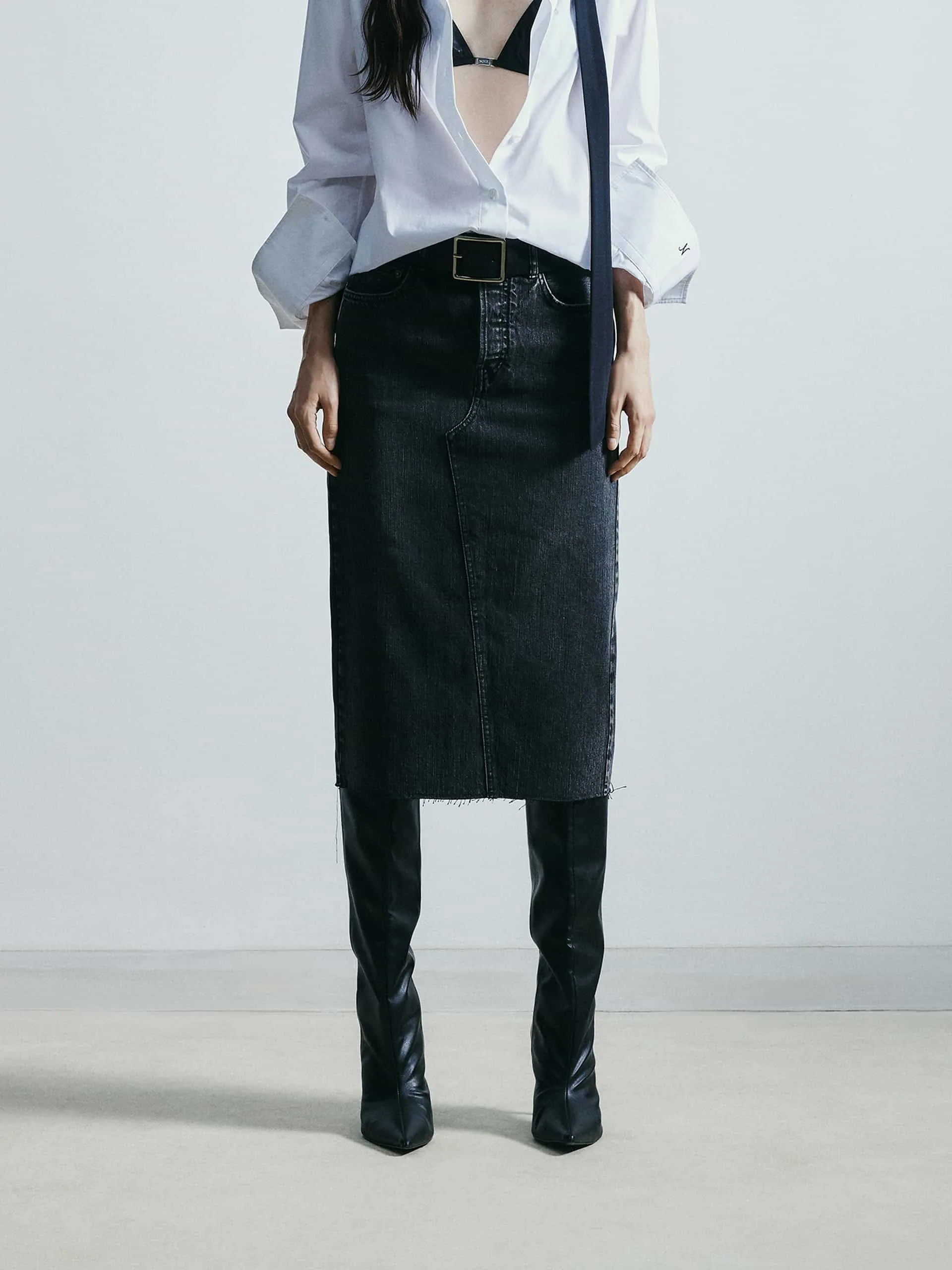 Back Slit Midi Denim Skirt Cool Tone Side Slit