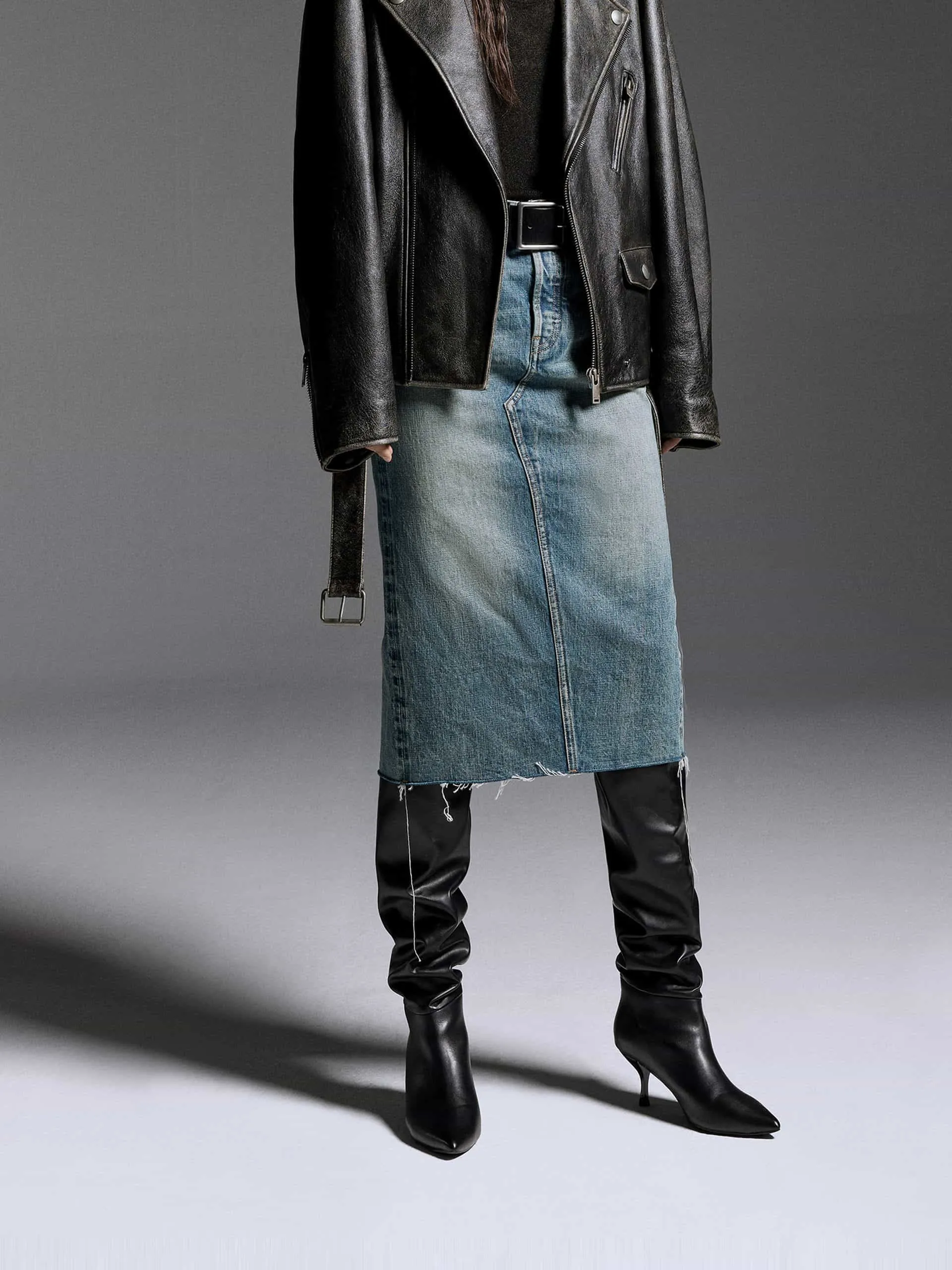 Back Slit Midi Denim Skirt Recycled Polyester flowy silhouette