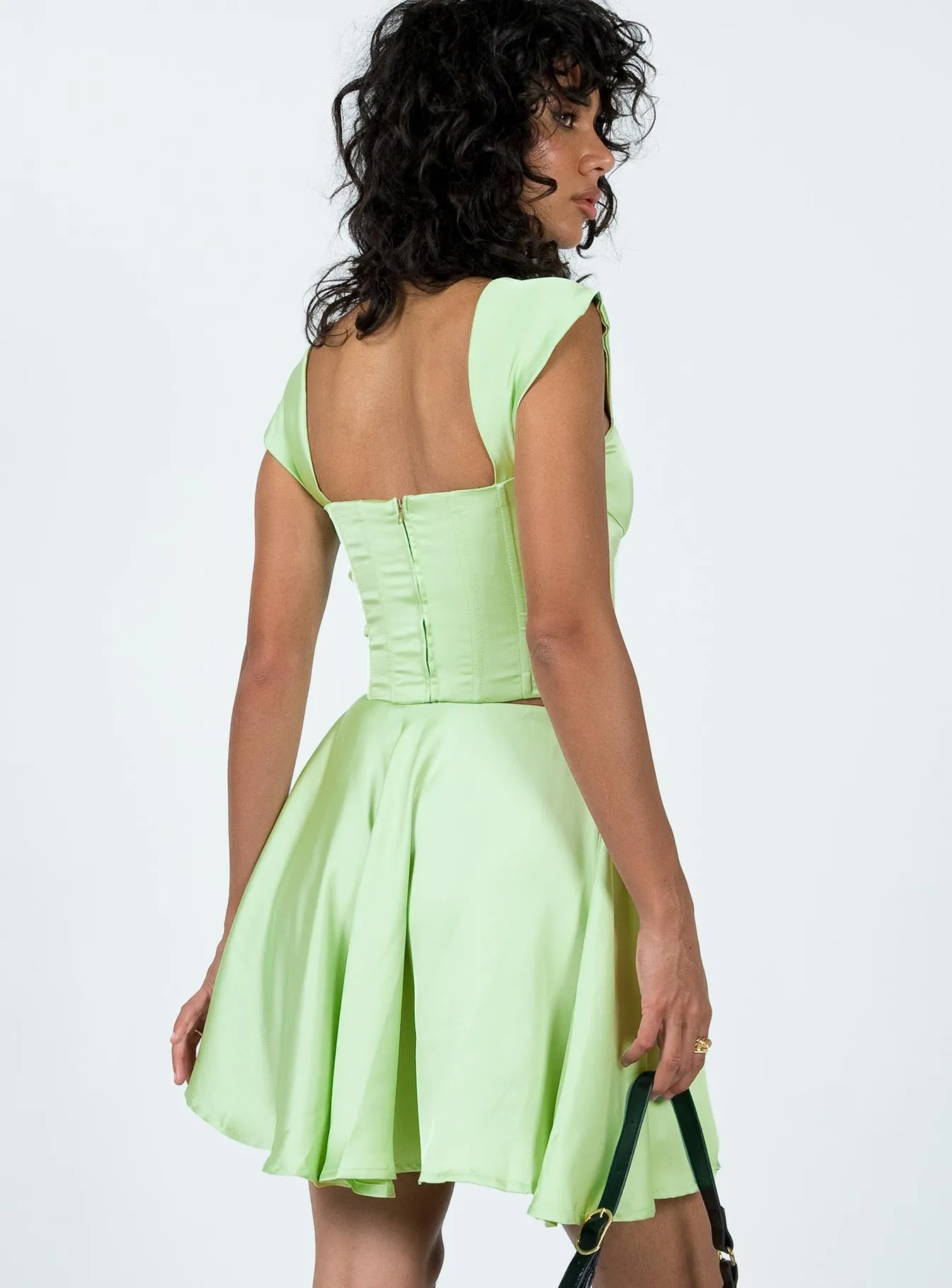 Cornell Satin Mini Skirt Green Adjustable Fit flowy silhouette