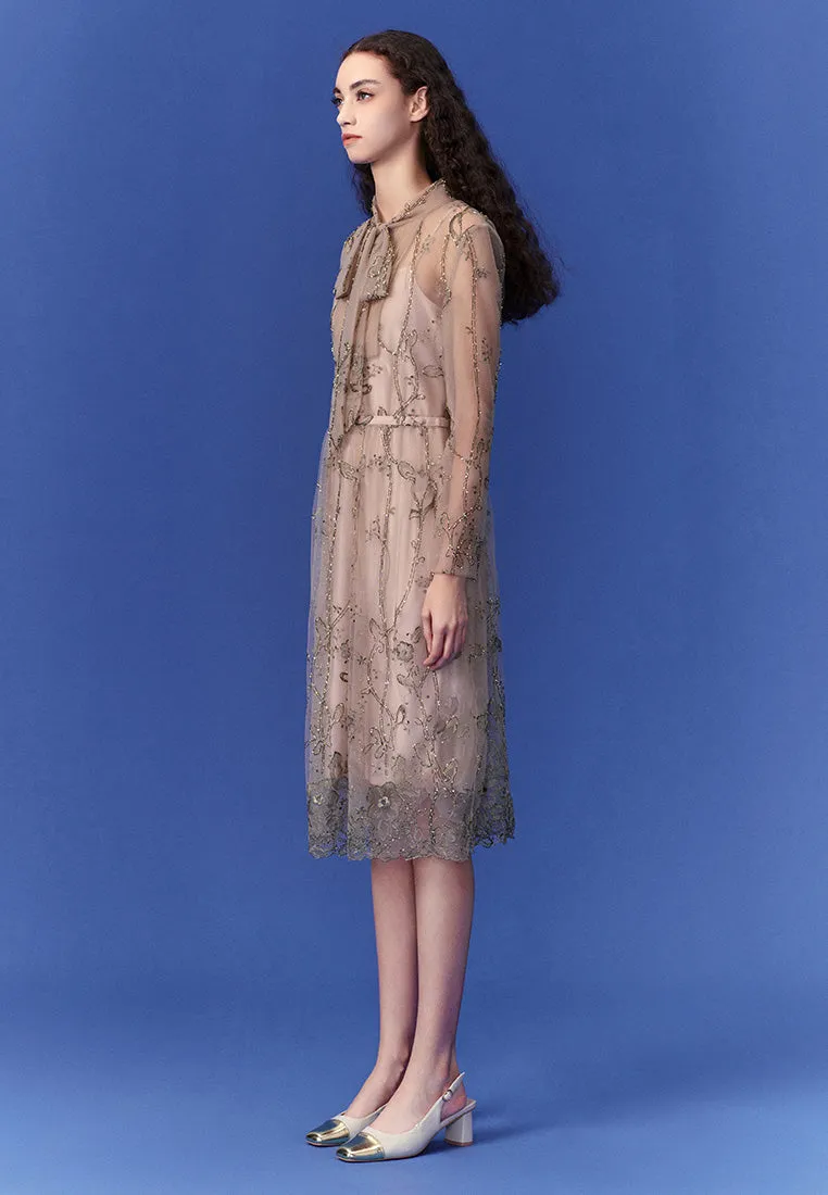 CompactPackableDesign DoubleLayeredHem Caramel Mesh Dress
