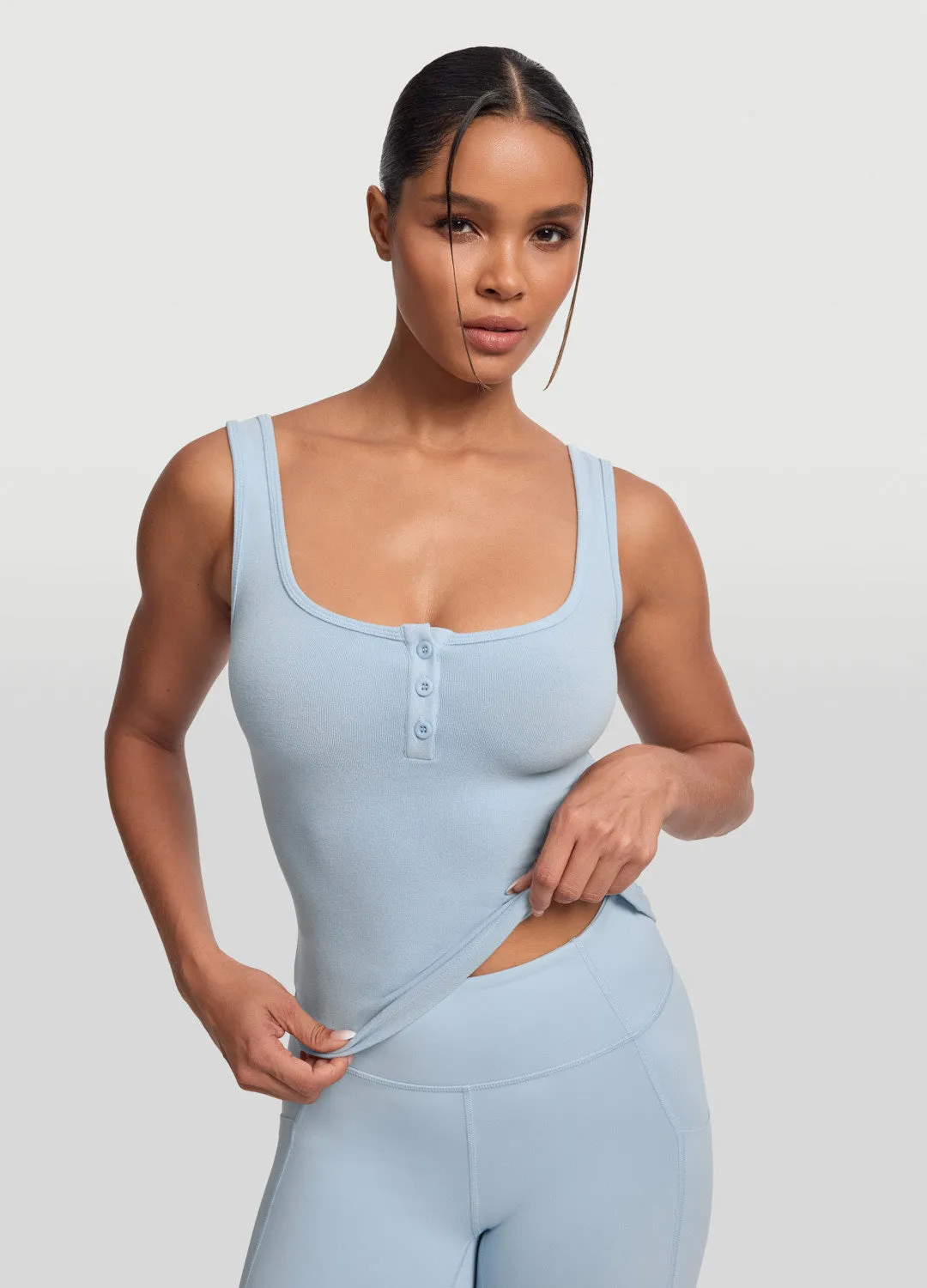 Button Front Tank Top Training - worthy horizontal placement