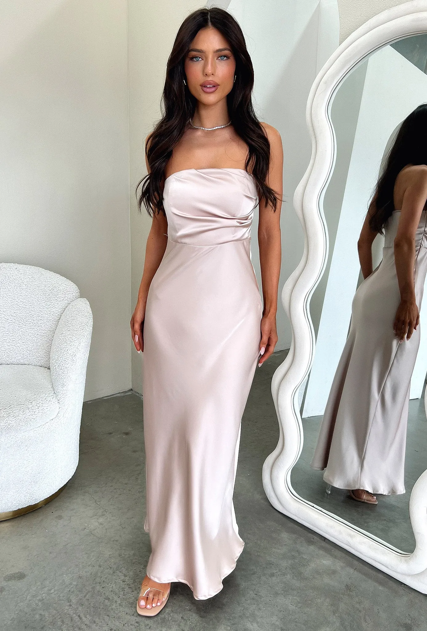 Pastel tone Georgette Flow Elio Strapless Satin Maxi Dress - Champagne