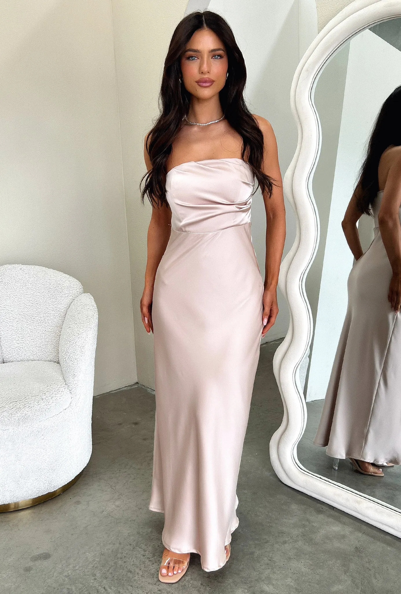 Elio Strapless Satin Maxi Dress - Champagne Desert Light Poplin Smooth