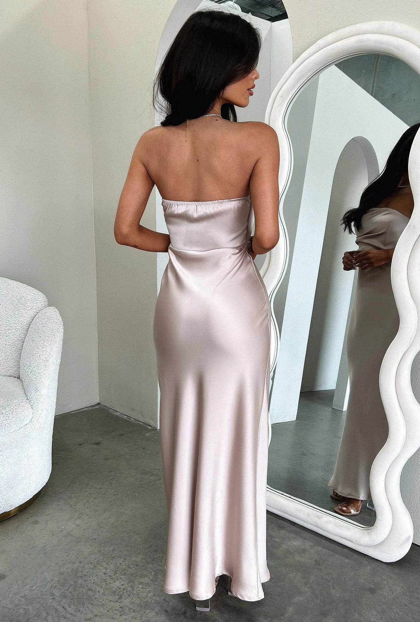 Print Glow Goddess Glow Elio Strapless Satin Maxi Dress - Champagne