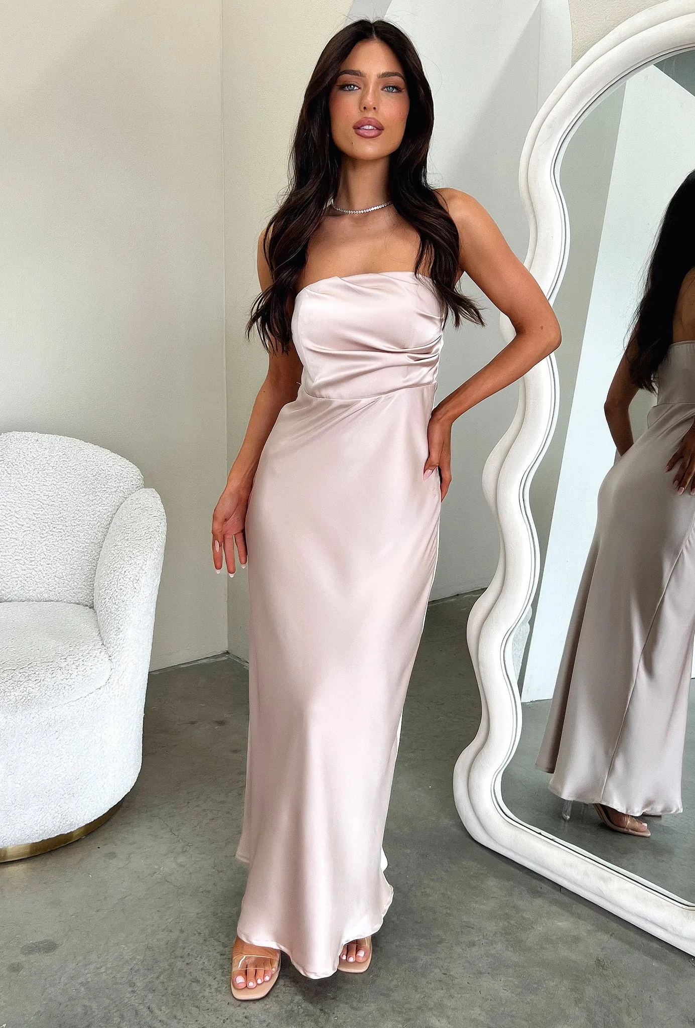 Field Glow Elio Strapless Satin Maxi Dress - Champagne