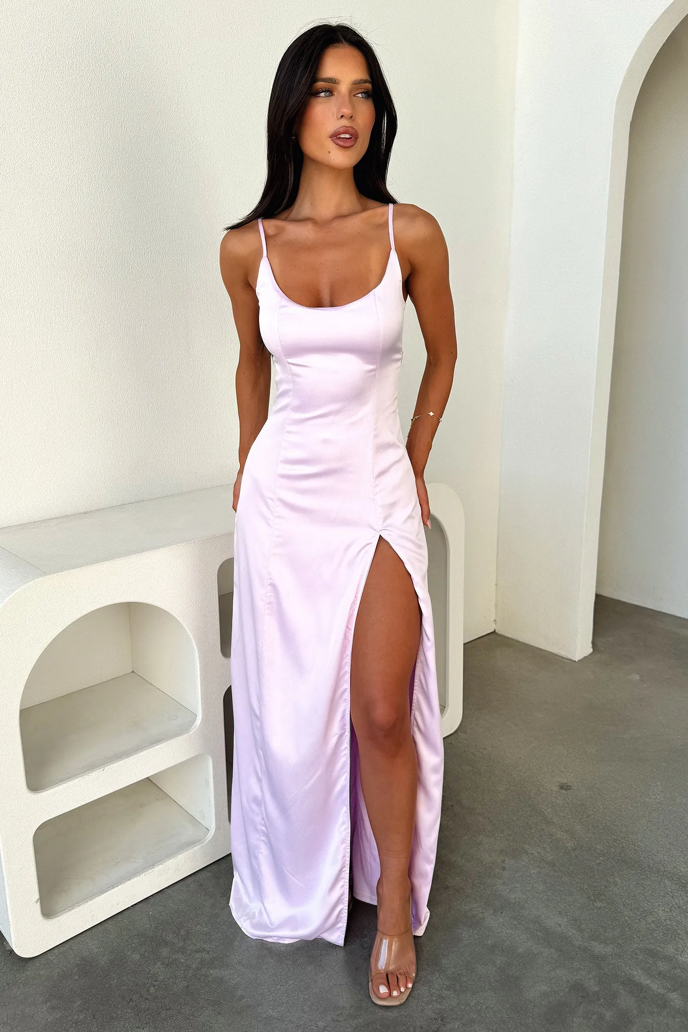 Crepe Glow This maxi dress offers a comfortable and flattering fit for any occasion Violetta Scoop Neck Satin Maxi Dress - Pink