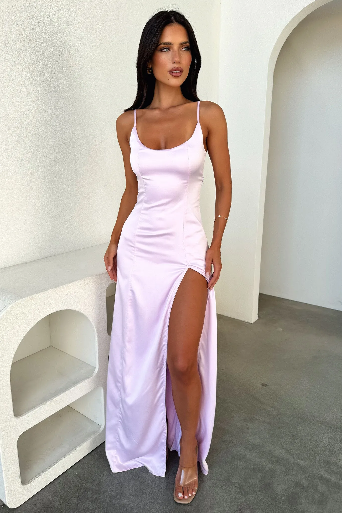 Violetta Scoop Neck Satin Maxi Dress - Pink Market Lane
