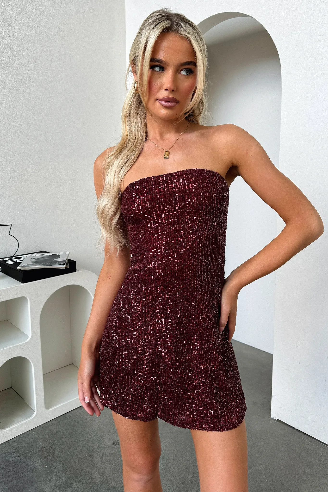 Arletta Strapless Sequin Mini Dress - Wine Party Star