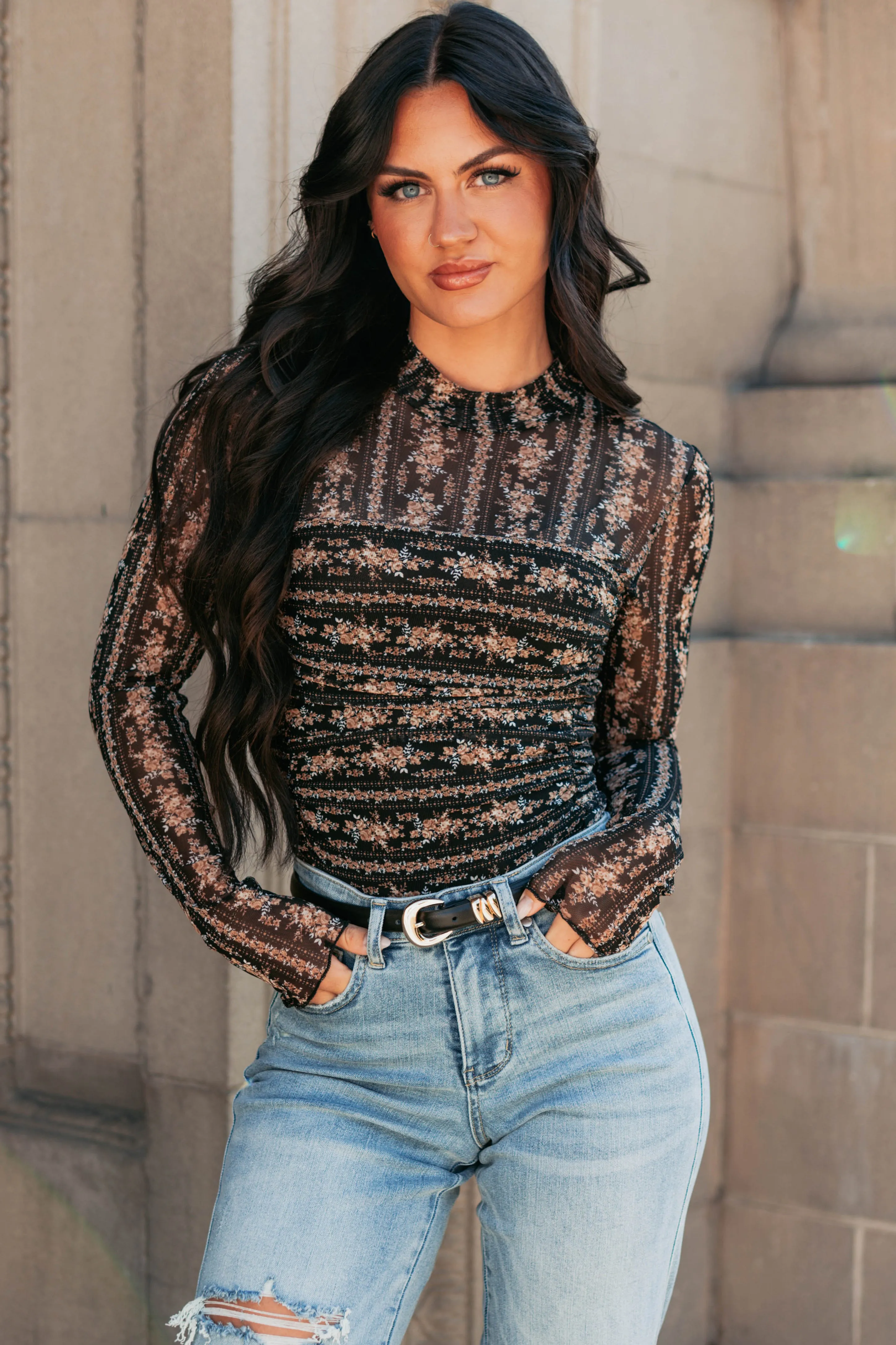 Whispered Promise Floral Ruched Bodysuit (Black) Charming Traveler Sporty Stylish