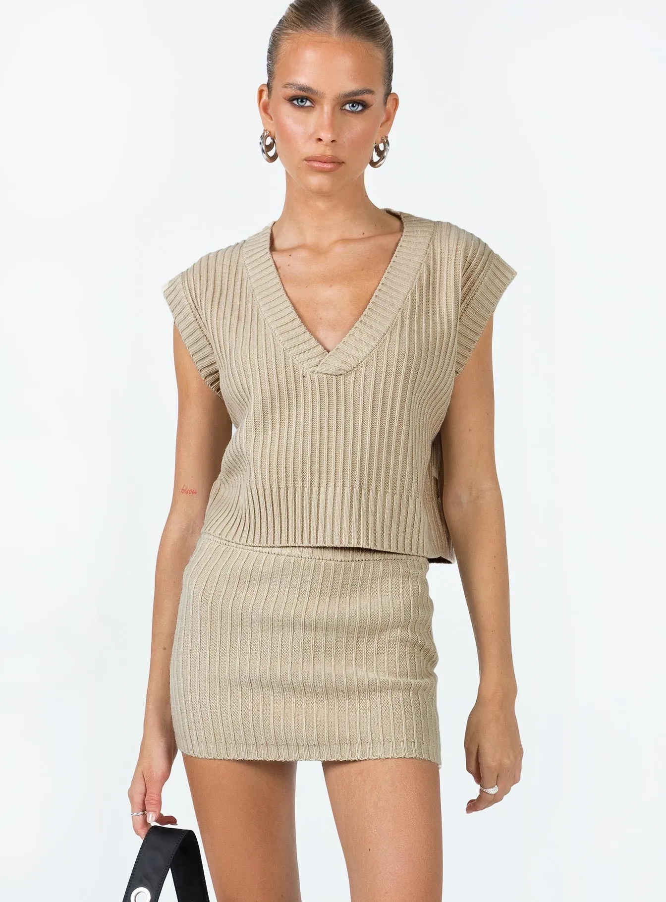 Saddle Knit Mini Skirt Beige Tonal Look Breezy Mood