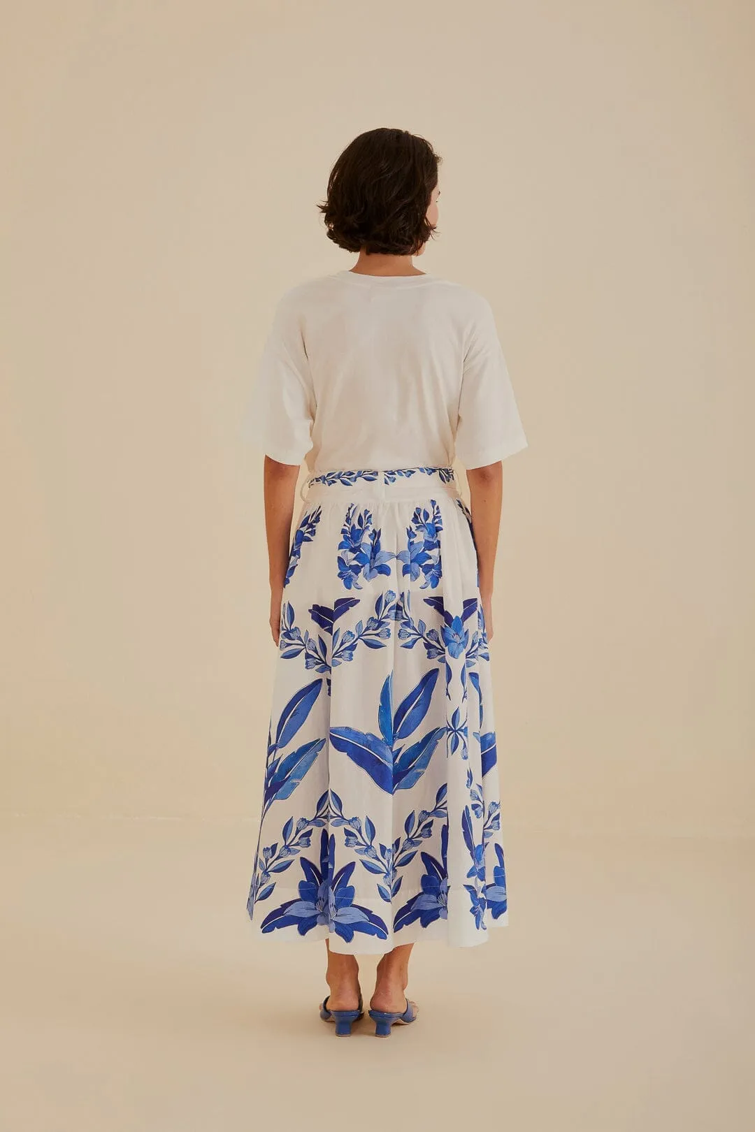 Tailored Cut Comfy Fit Off-White Blue Yard Organic Cotton Midi Skirt