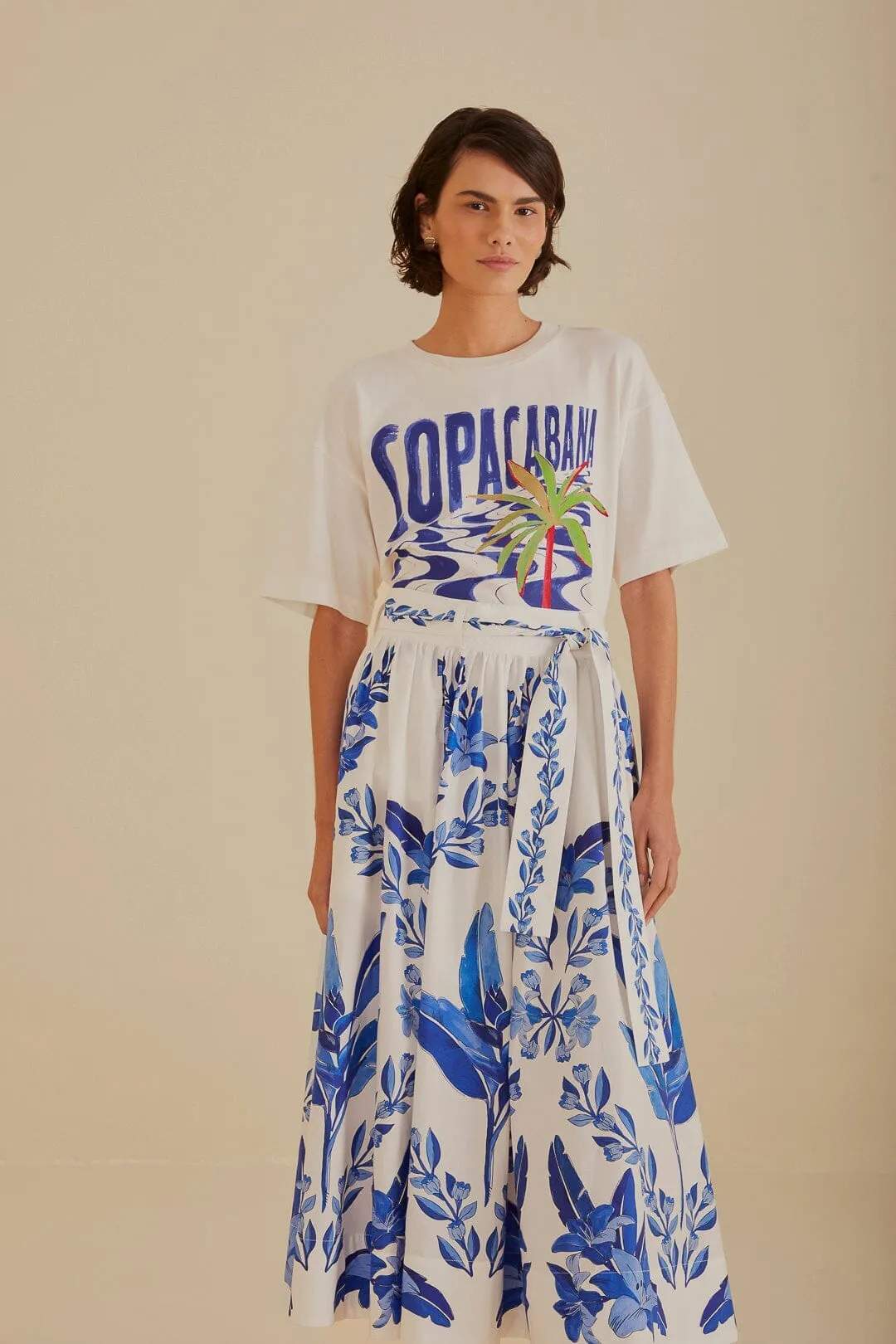 Urban Style Rolled Hem Off-White Blue Yard Organic Cotton Midi Skirt
