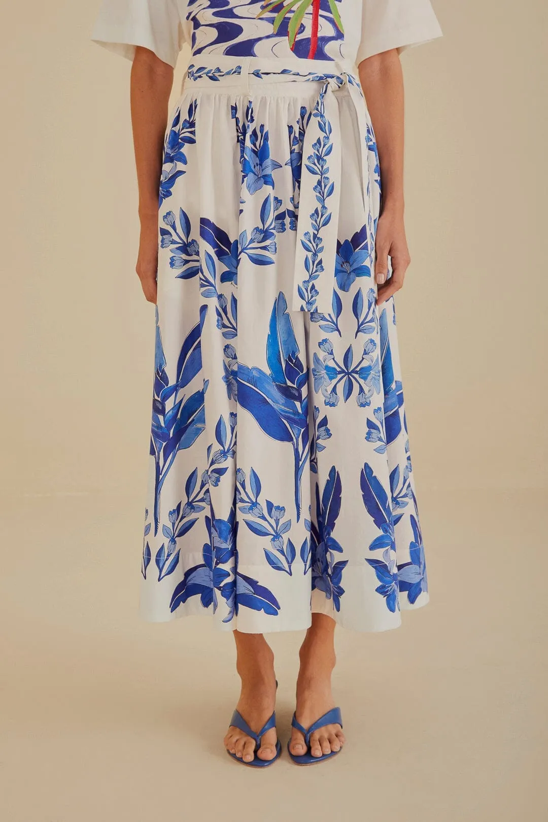 Comfy Fit Off-White Blue Yard Organic Cotton Midi Skirt