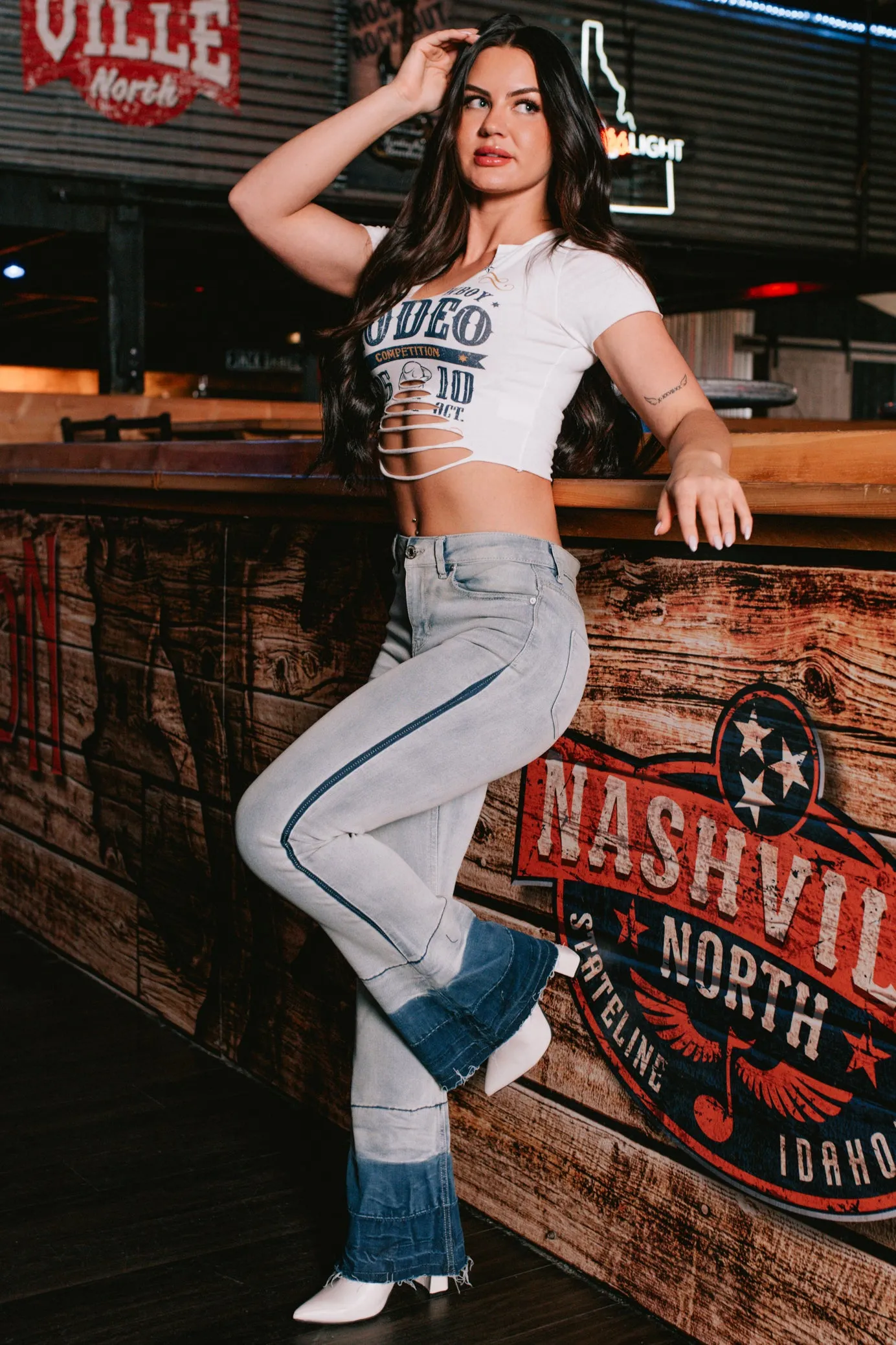 PunctureResistantReinforcement Mesh Lining Jett High Rise Dip Dye Indigo Reign Flare Jeans (Light Wash)