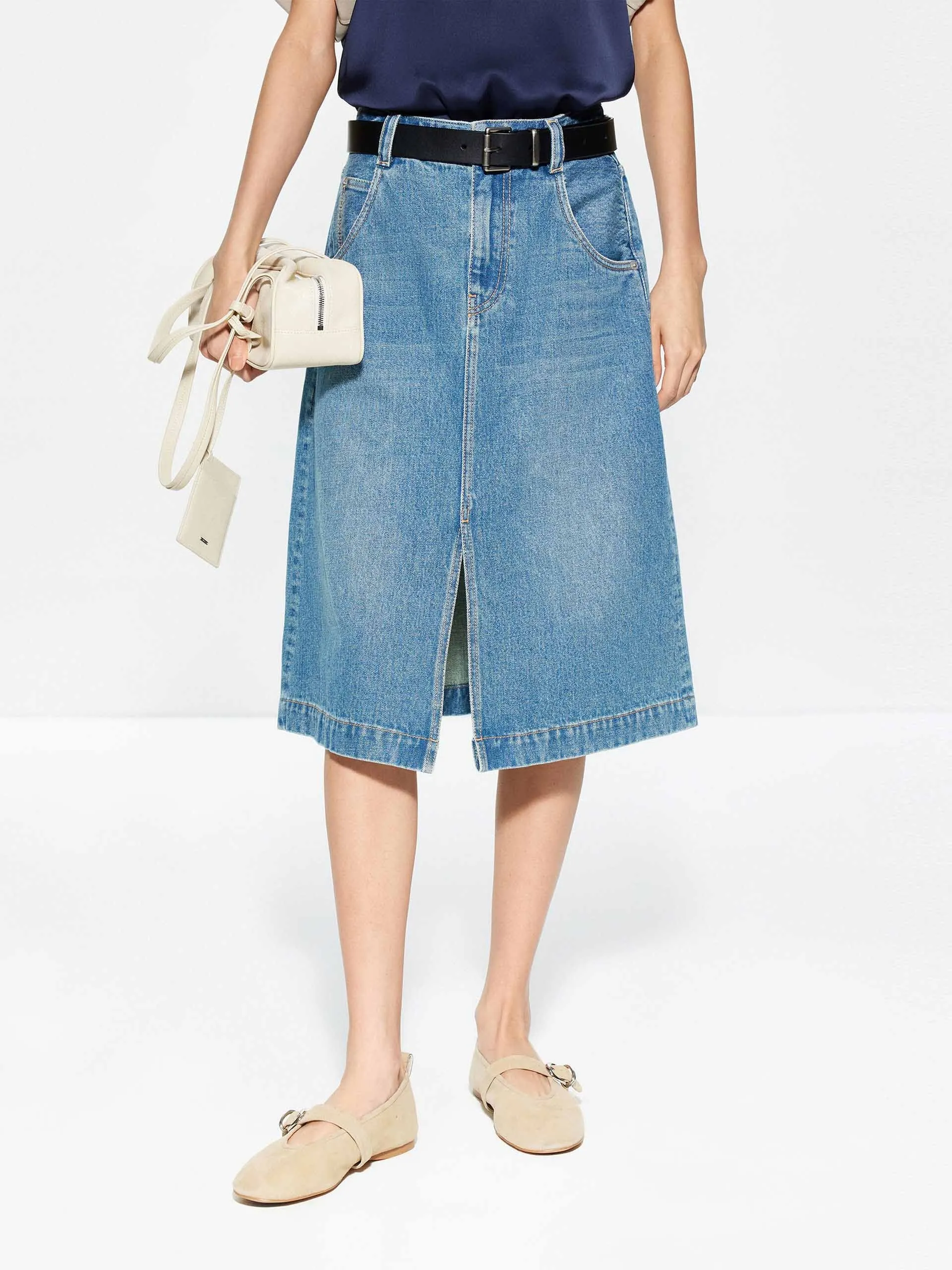 Neutral Tones Multi Purpose Fabric Front Slit Cotton Denim Skirt