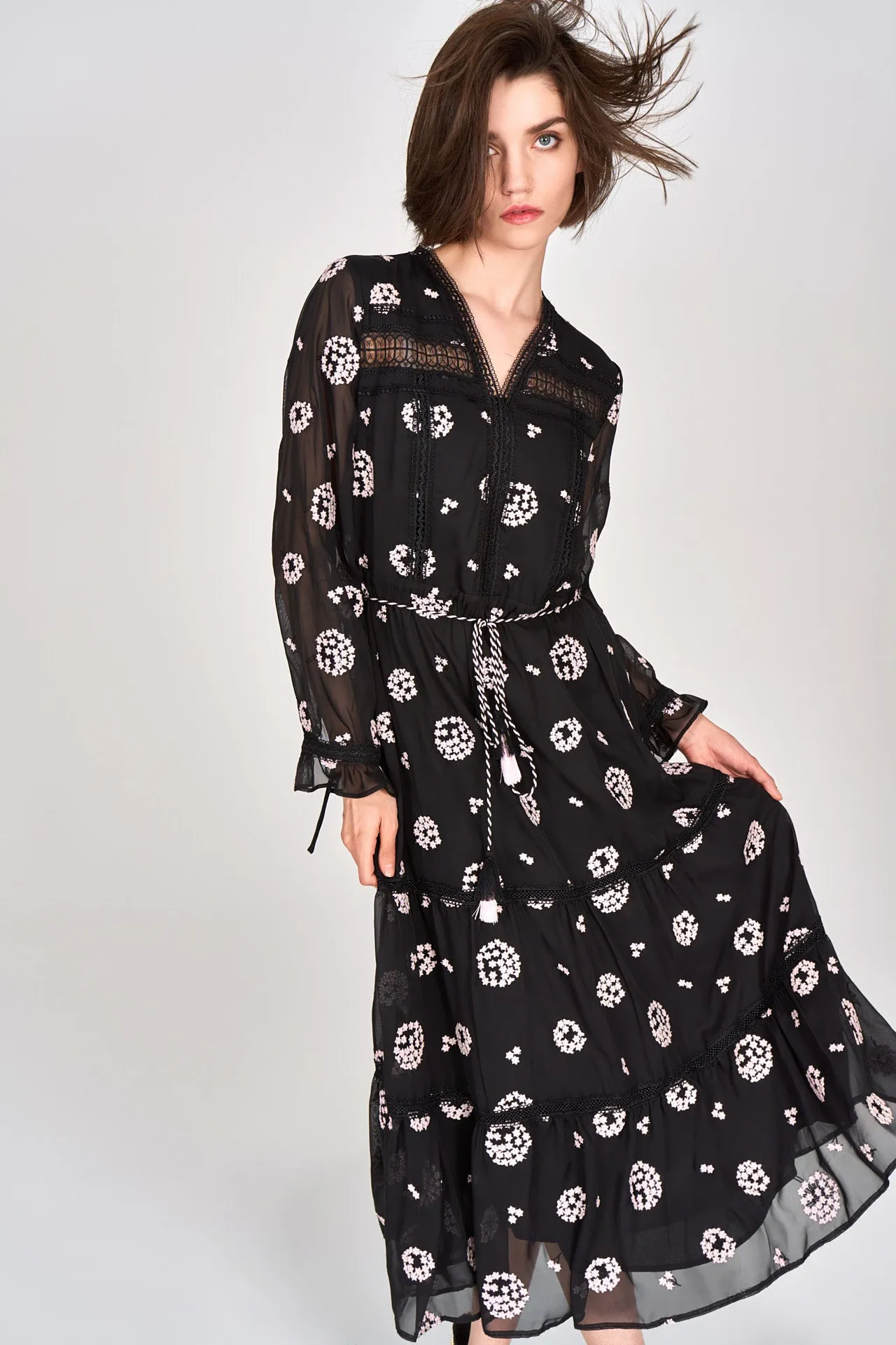 Black Embroidered Tie-waist Dress EcoFriendly Dye