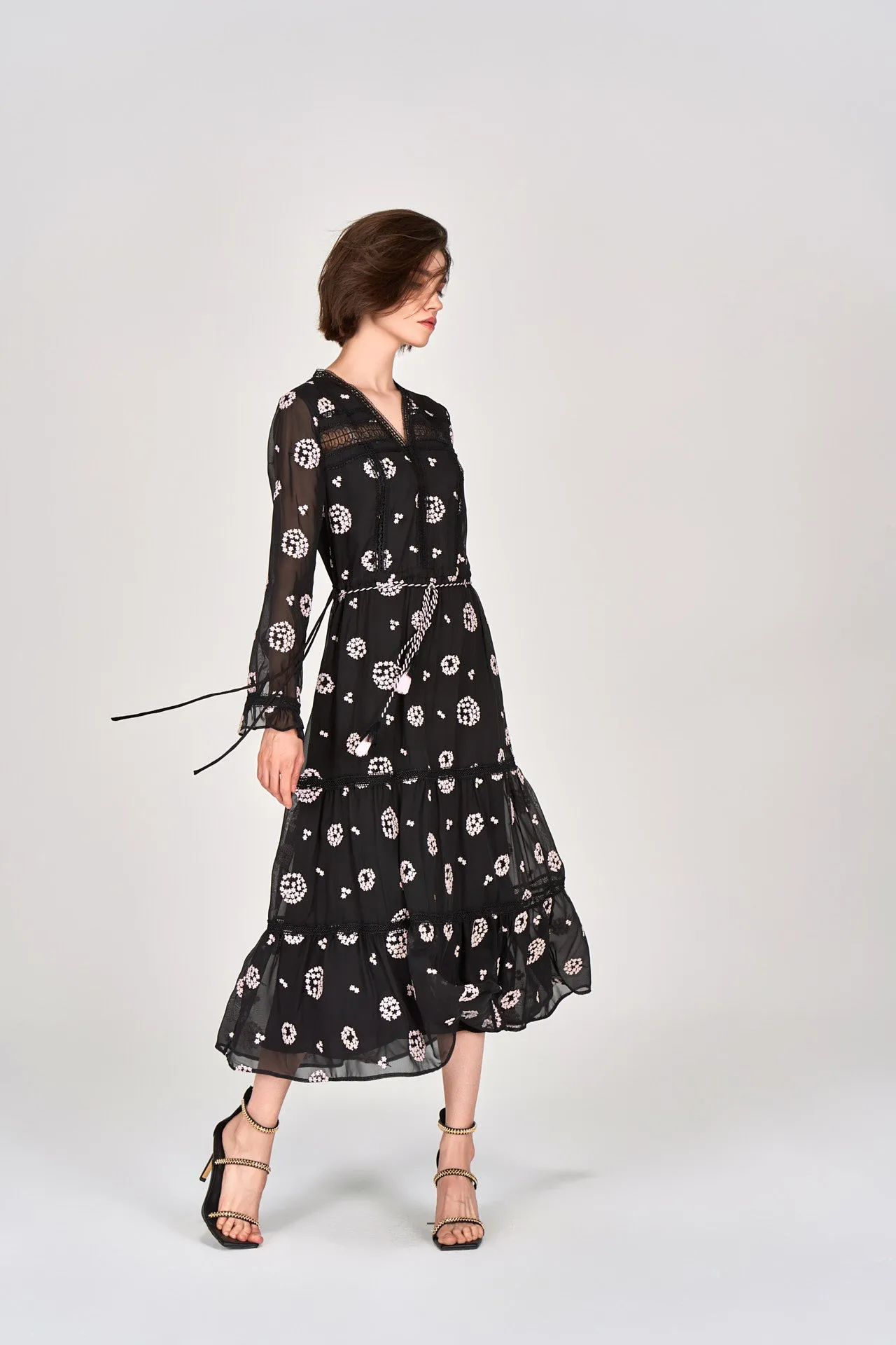 Black Embroidered Tie-waist Dress FlexibleCollarDesign