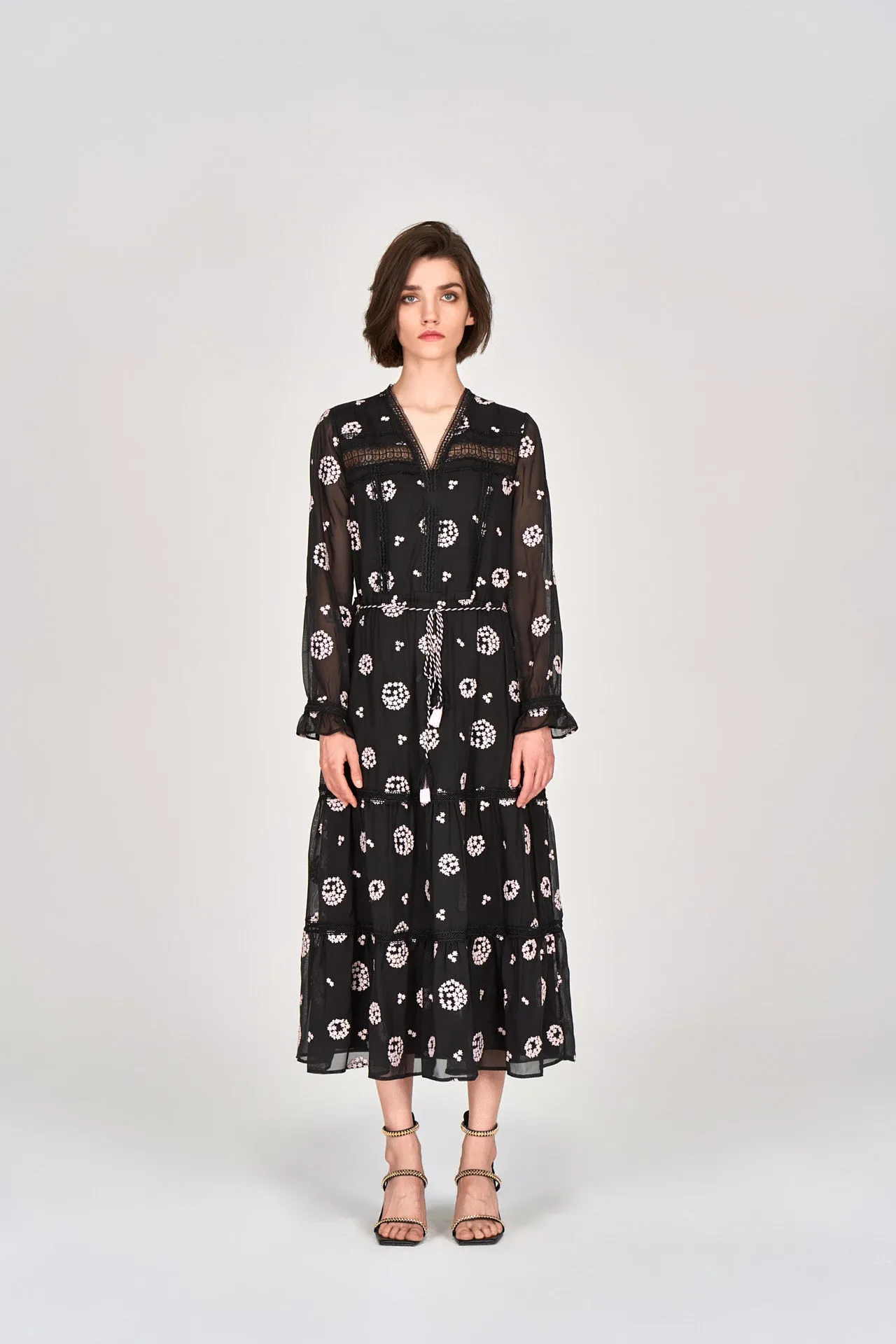 AntiStatic Material Festival Air Black Embroidered Tie-waist Dress