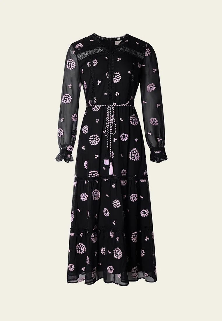 Flight Fit Black Embroidered Tie-waist Dress