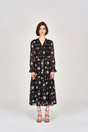 AntiStatic Material Festival Air Black Embroidered Tie-waist Dress