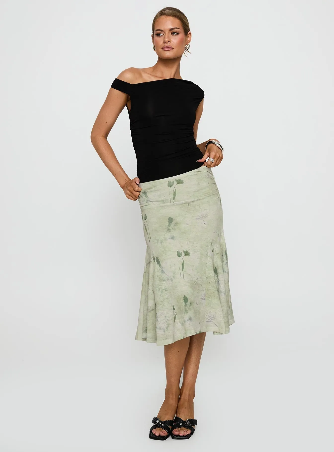 Local Artisan Lewish Low Rise Midi Skirt Green Floral