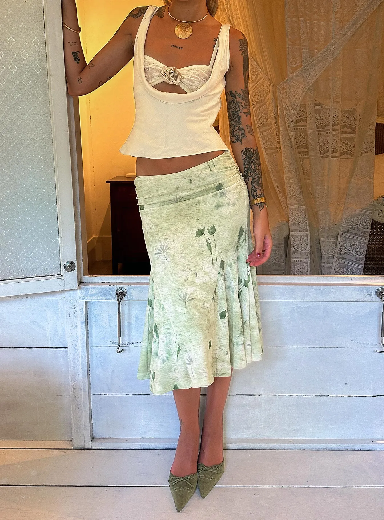 Dust Proof Fabric Lewish Low Rise Midi Skirt Green Floral