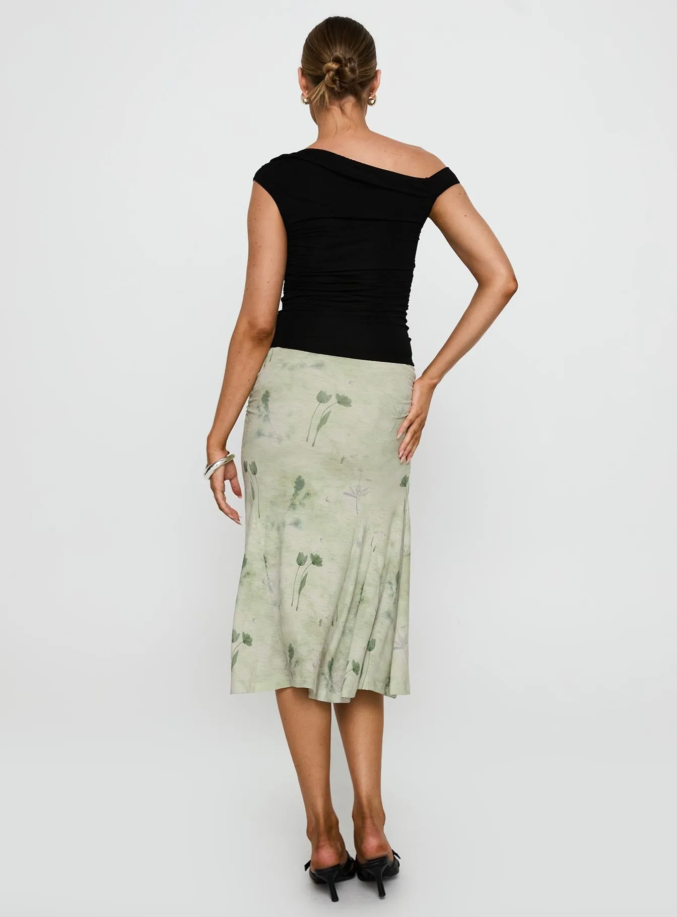 Lewish Low Rise Midi Skirt Green Floral Light Flow