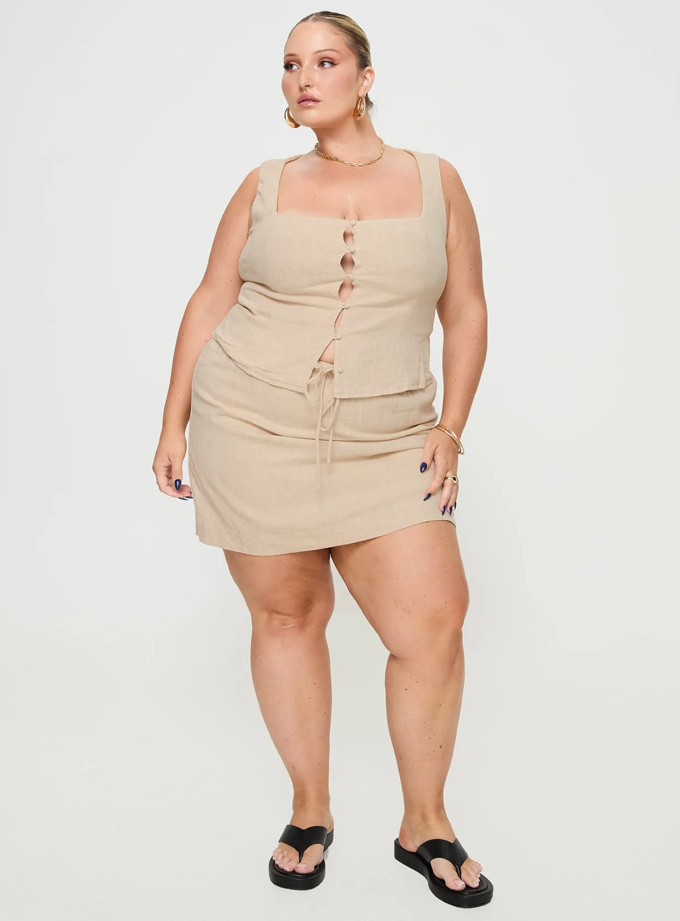 Evry Linen Blend Mini Skirt Beige Curve Crisp Fit
