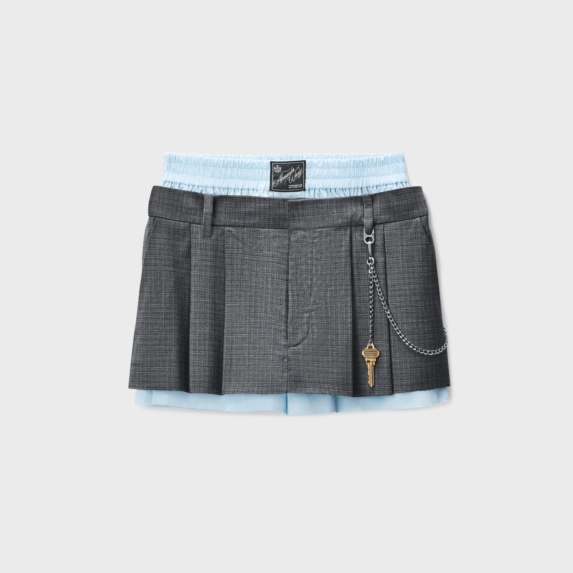 Fringe Detail Sustainable Alexander Wang Pre-Styled Pleated Skort with Chain - Grey Melange / Oxford Blue