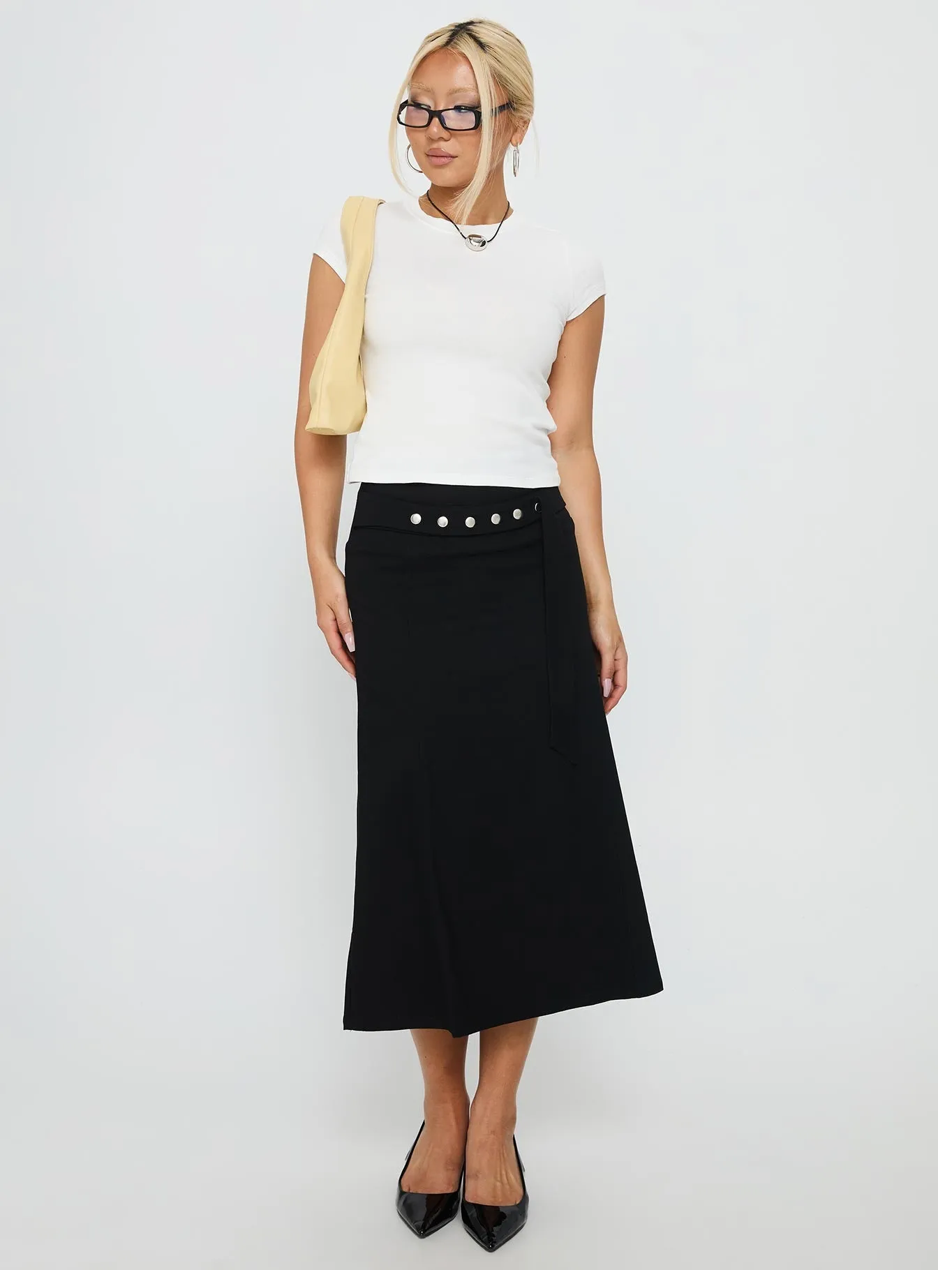 Stylish Vibe Weekend Outfit Ammie Studded Belt Midi Skirt Black