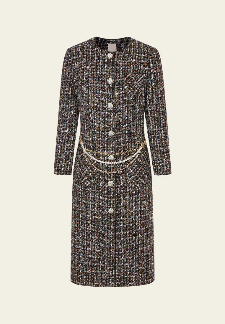 FlexFitTechnology Checked Charm-detail Chain Belt Tweed Dress