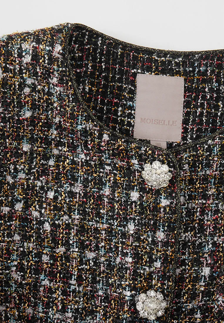 Global Cool Metro Mode Checked Charm-detail Chain Belt Tweed Dress