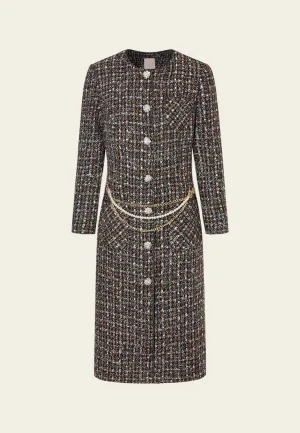 FlexFitTechnology Checked Charm-detail Chain Belt Tweed Dress