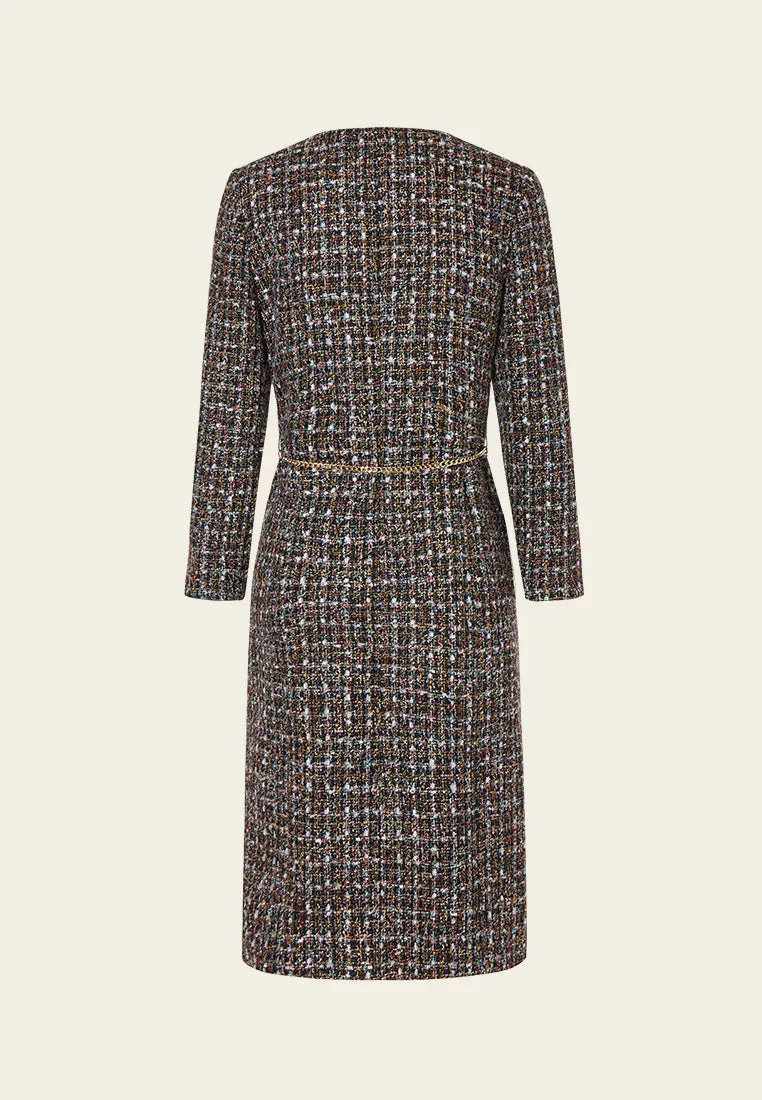Checked Charm-detail Chain Belt Tweed Dress Hope Fit HighDensityWeave