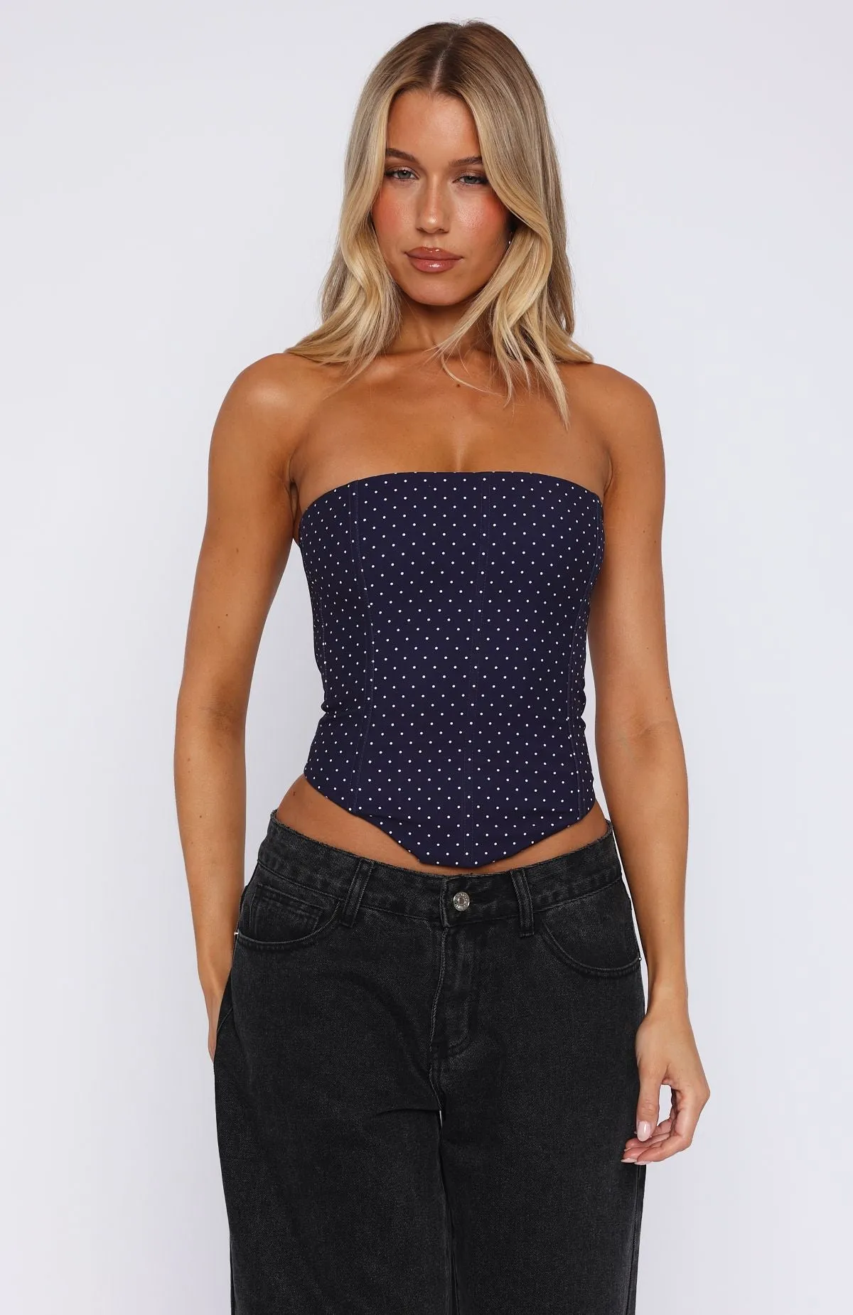 Fashionable Look Let It Go Strapless Bustier Navy Polka Dot